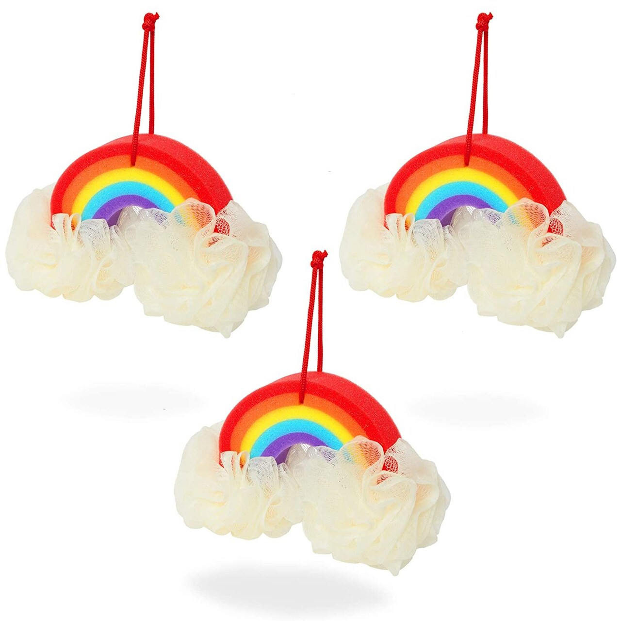 3 Pack Rainbow Sponge Loofah Body Scrubber with Ribbon Loop for Shower (8.5 x 3.5 x 5.5 In)